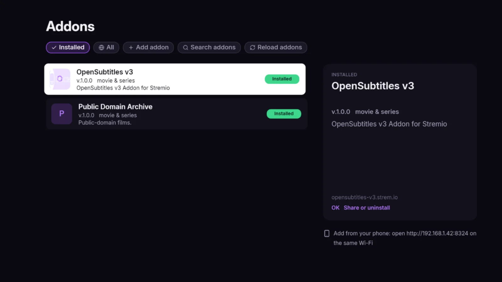Add-ons screen with OpenSubtitles and an archive add-on installed, and the phone setup address.