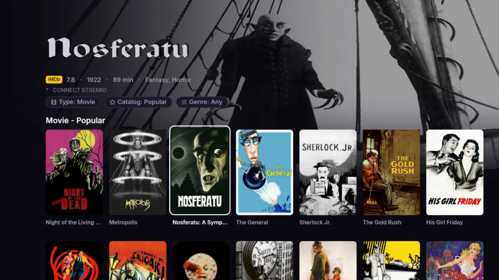 Discover: type, catalog, and genre filters above a grid of posters.