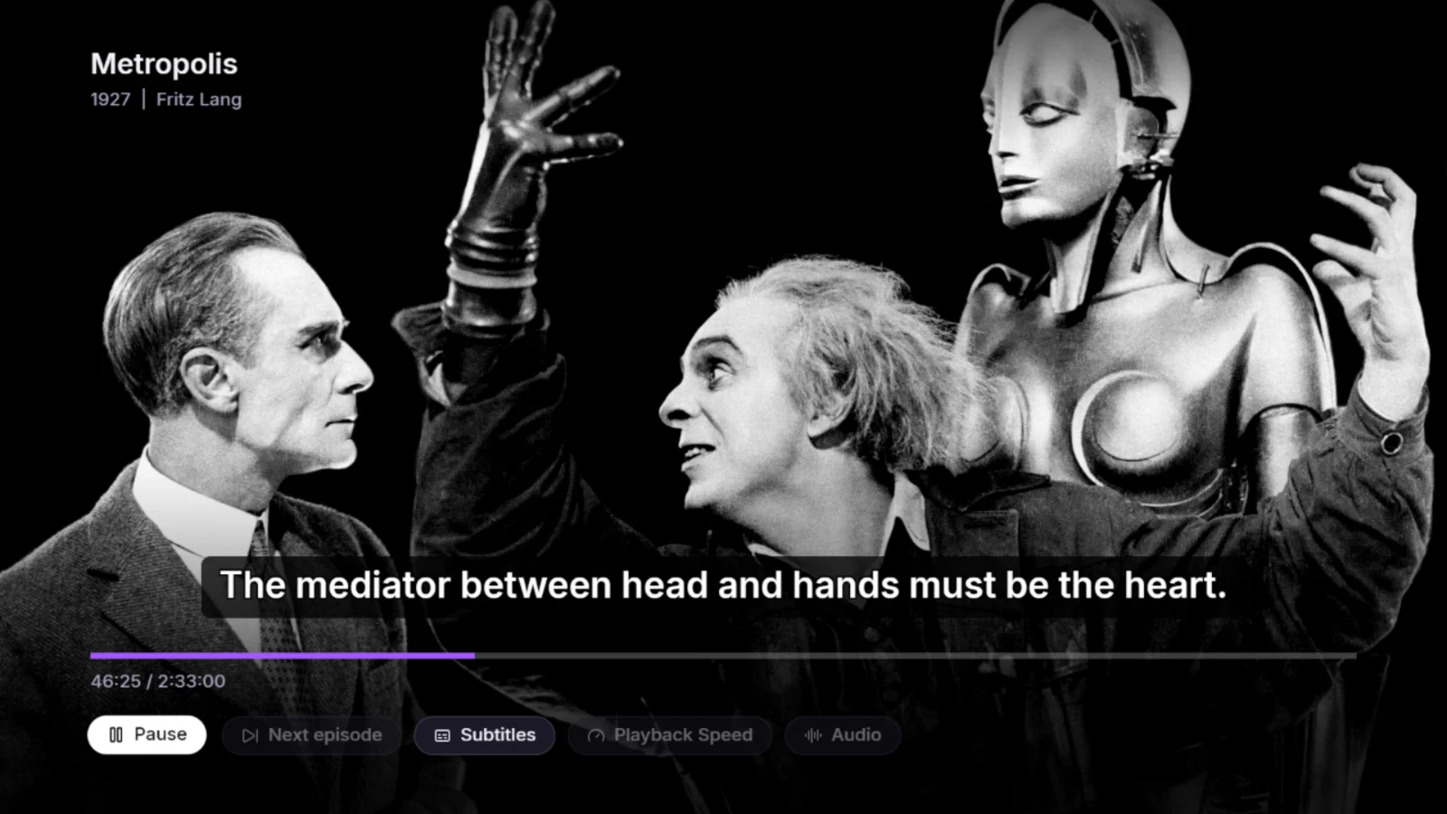 Metropolis playing with a subtitle in a box above the controls.