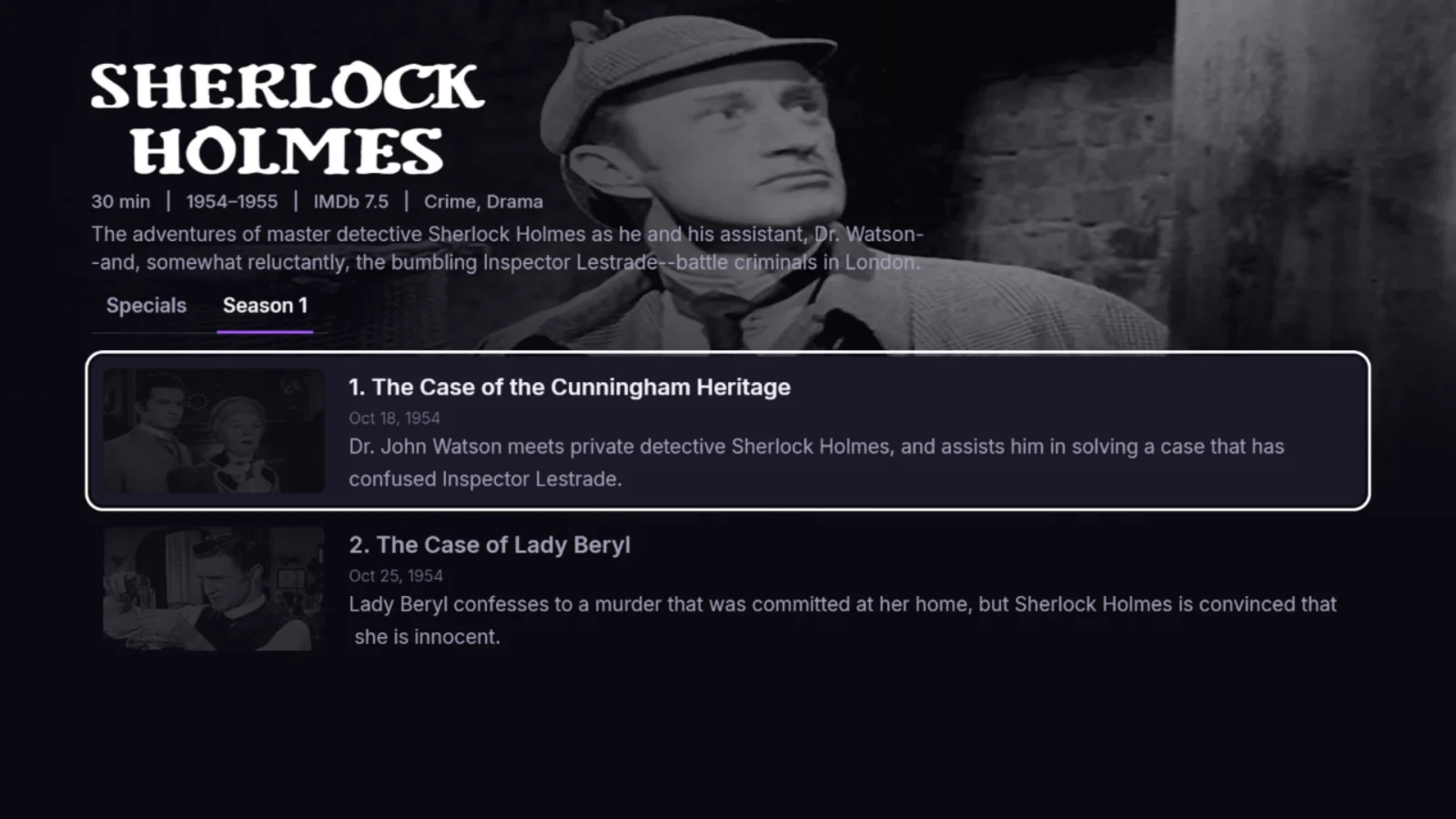Sherlock Holmes (1954): season tabs and episodes with stills.