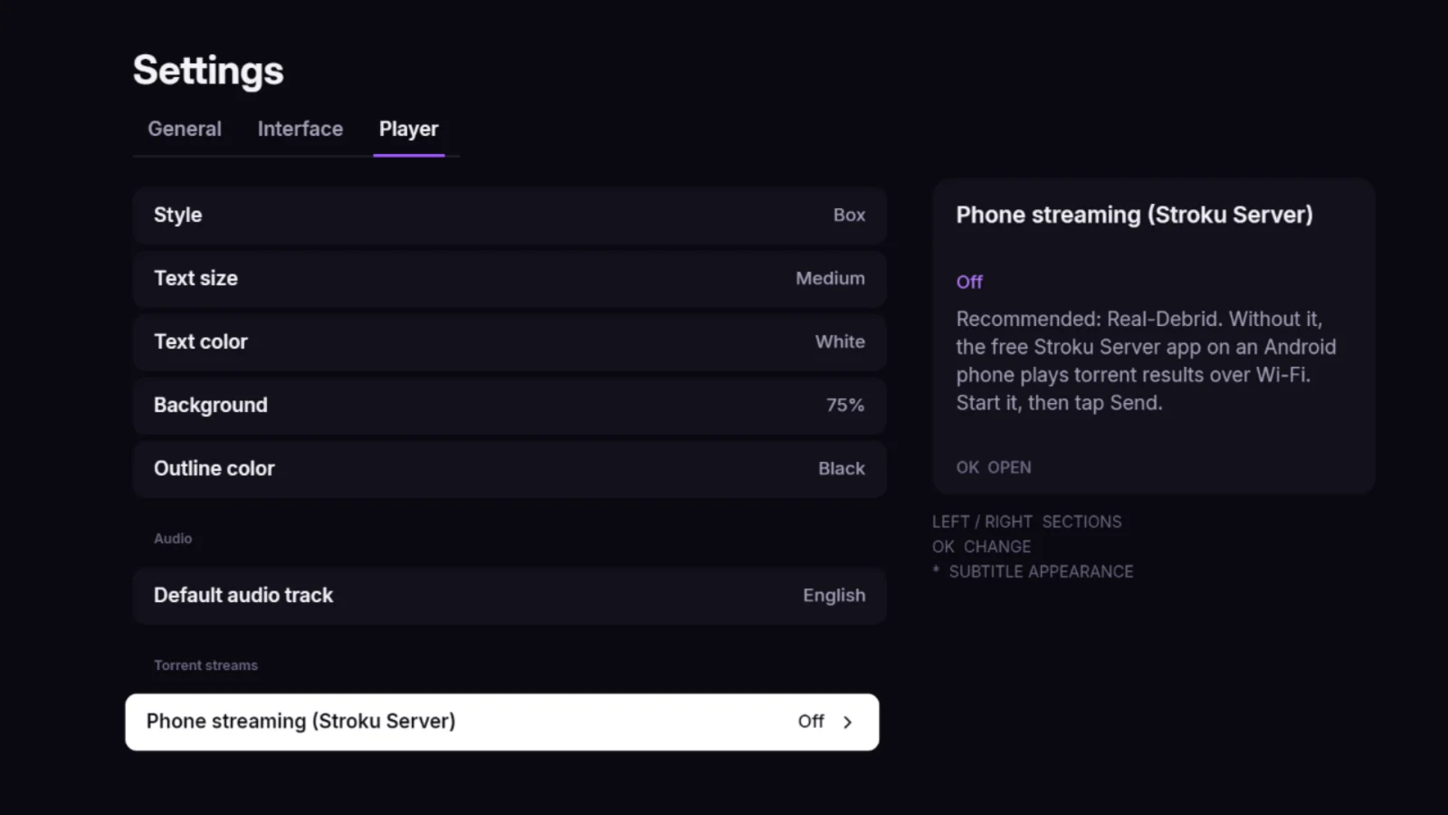 Stroku's Player settings with the Phone streaming row and its menu.