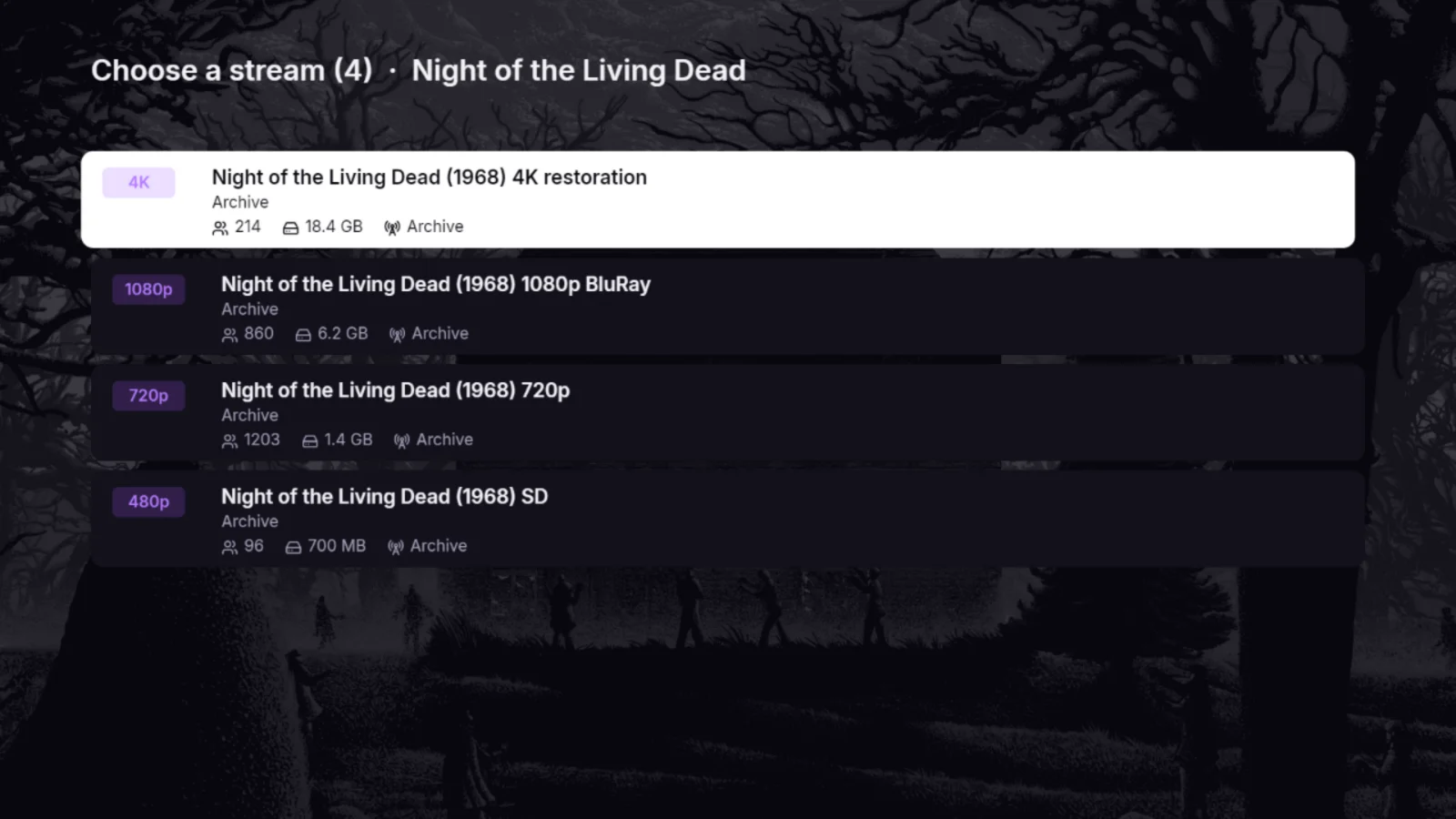 Stream list for Night of the Living Dead.