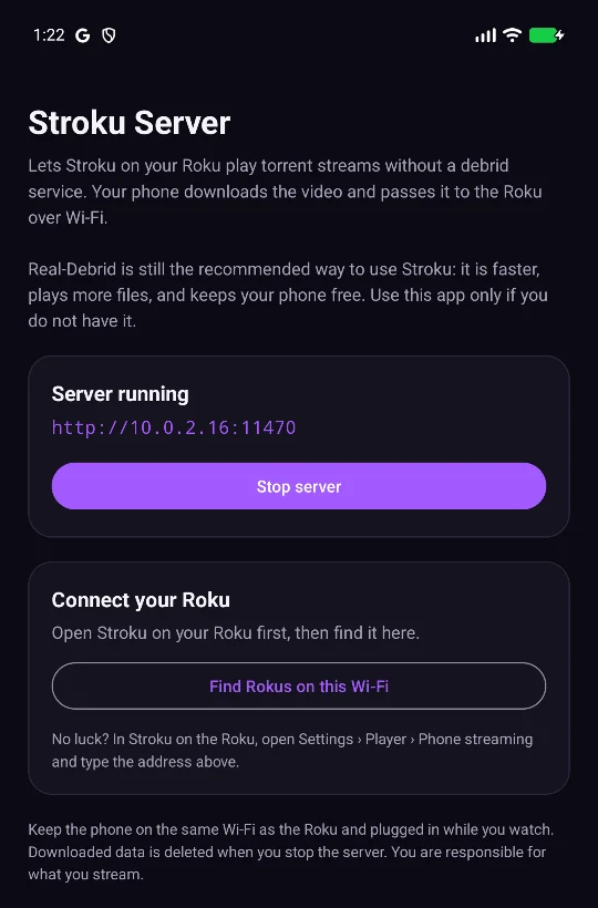 Stroku Server app showing Server running, its address, and a Find Rokus button.